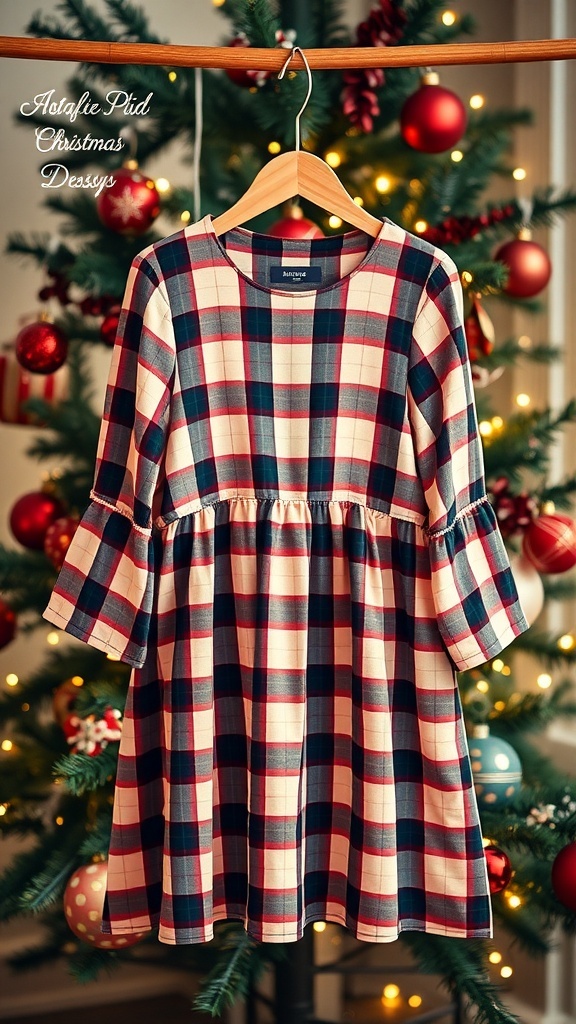 A plaid Christmas dress on a hanger with festive decorations and a Christmas tree in the background.